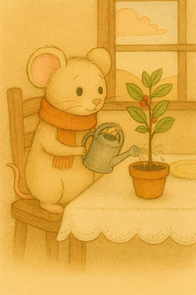 A cozy She Shed dining table with two growing centerpiece plants. Thimble, a beige mouse with a rust-colored scarf, stands alone beside the table, gently watering both plants with a small watering can. No other characters are present. No labels or names appear in the image.